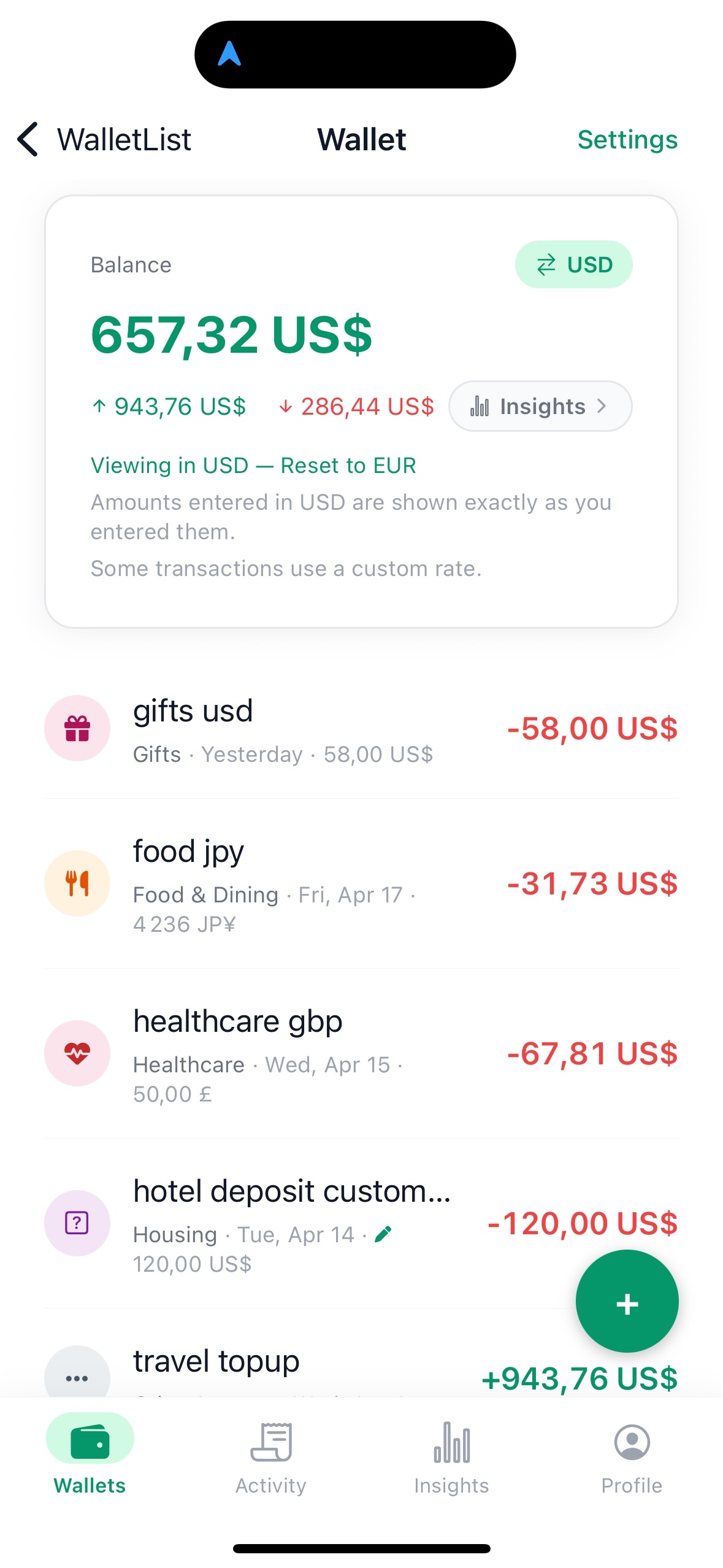 Multi-currency transaction — original amount, converted amount and stored rate