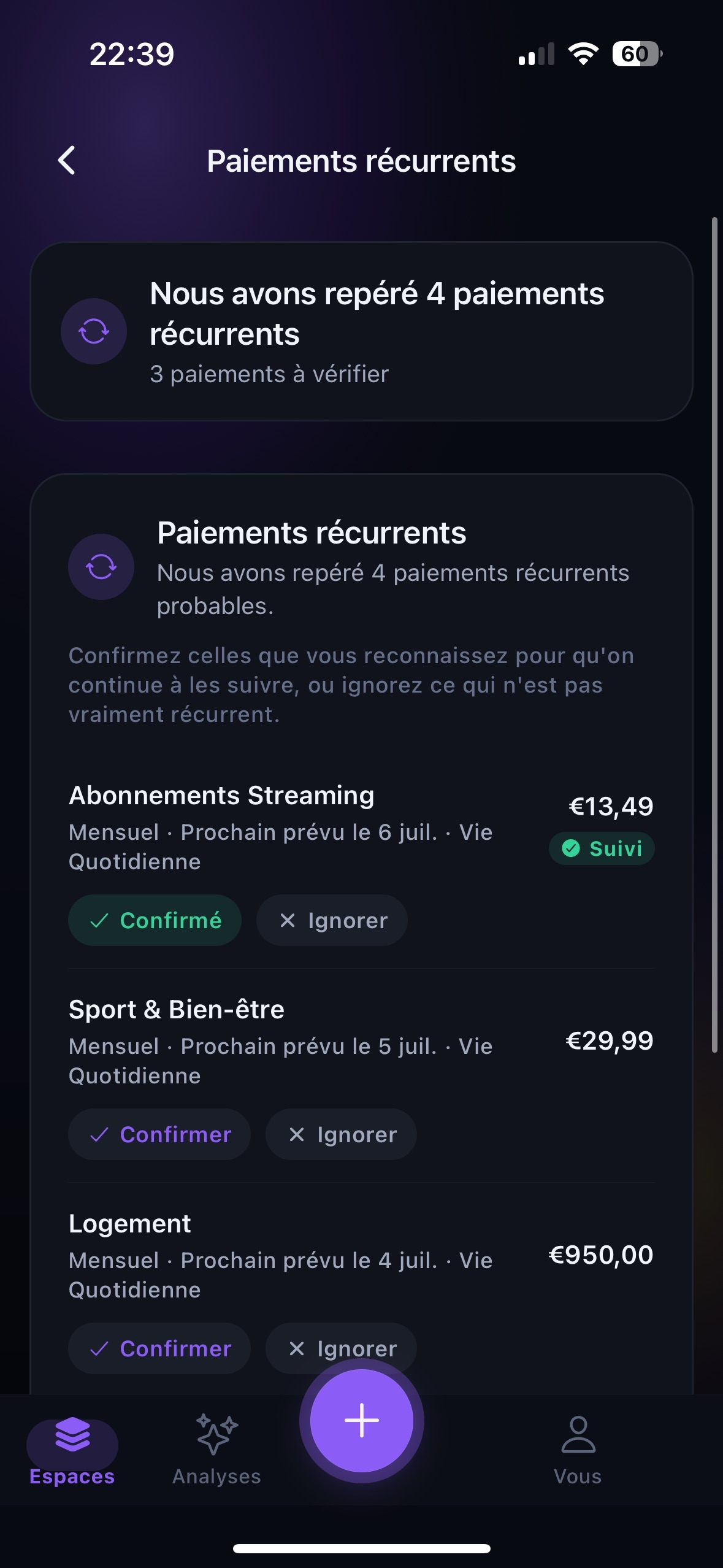 Recurring payment detection — spot likely subscriptions and confirm what to keep tracking