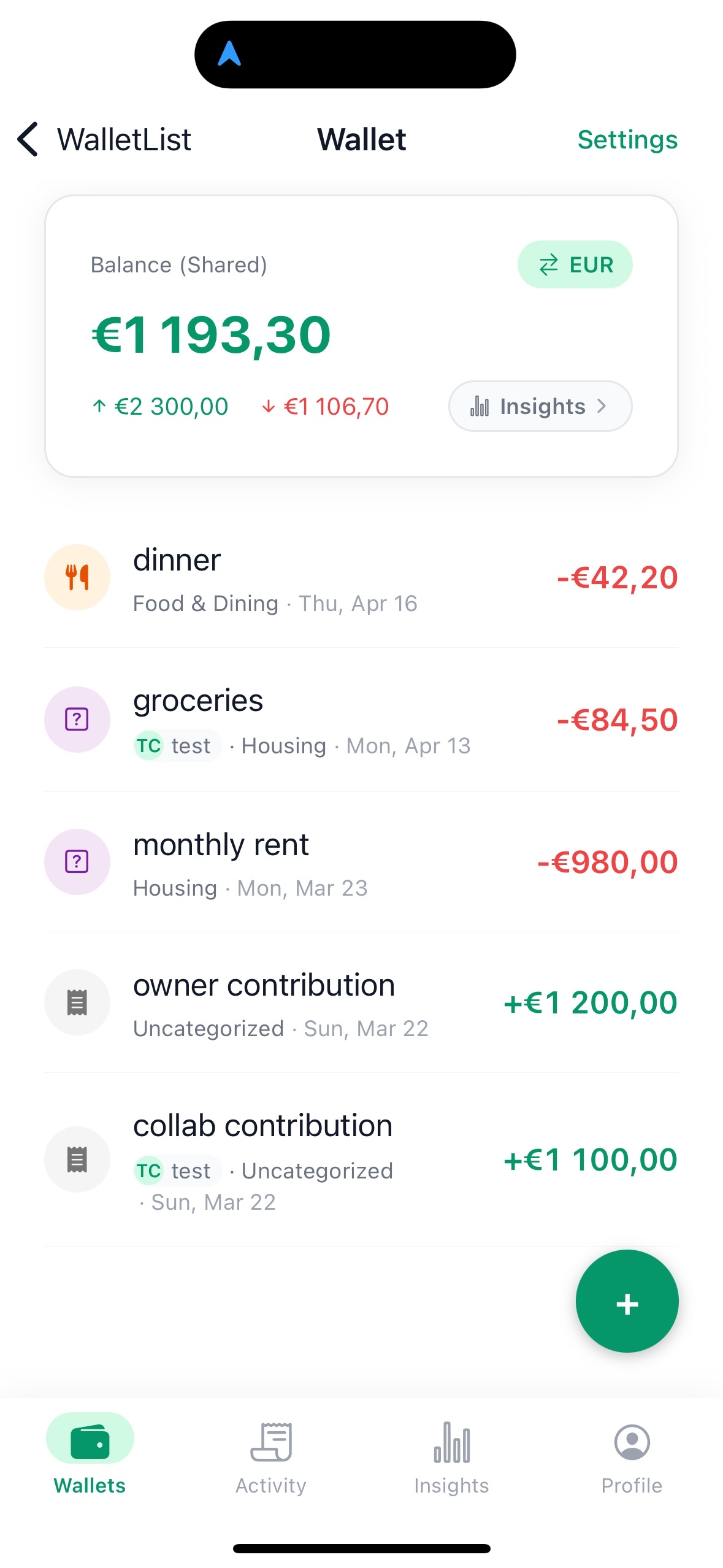 Shared wallet — members, roles and recent transactions