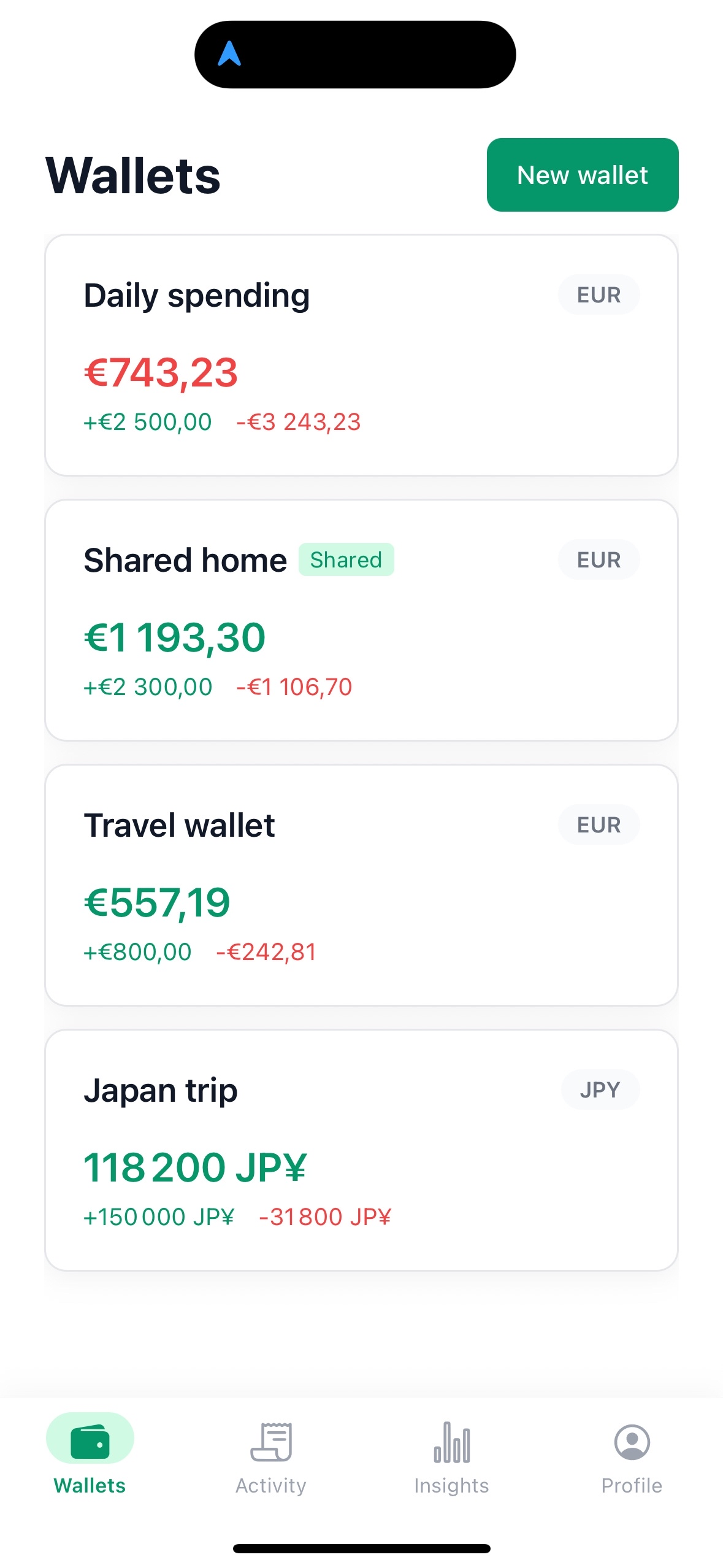 Wallets overview — several wallets, each with its own base currency
